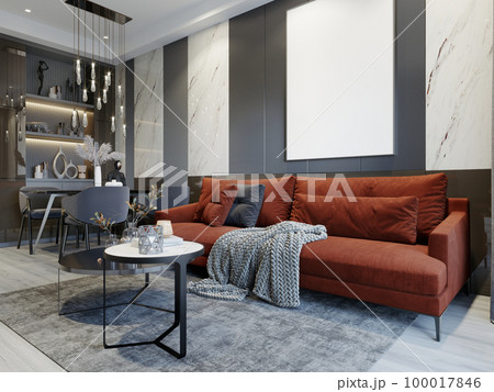 Red sofa in the living room with gray and white walls in contemporary style with white canvas and coffee tables. 100017846