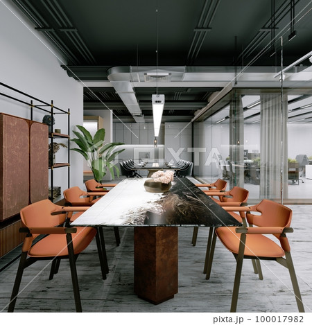 Modern office with open space and meeting area with orange furniture. Modern office with open space and meeting area with orange furniture. 100017982