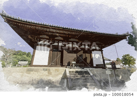水彩画風 當麻寺 金堂 奈良県葛城市 水彩画風 當麻寺 金堂 奈良県葛城市 100018054