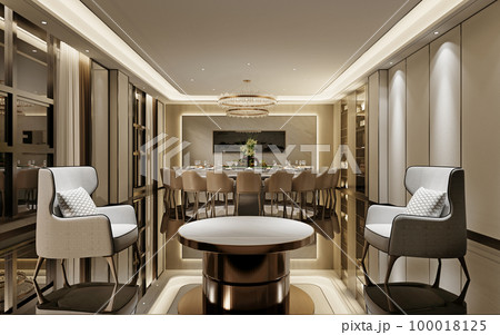 Large living room in trendy classic style with a seating area with two white armchairs and a magazine table and a large round dining table. Large living room in trendy classic style with a seating area with two white armchairs and a magazine table and a large round dining table. 100018125