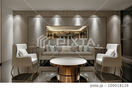 Modern classic living room with a seating area with white upholstered furniture with a black mirrored floor and spotlights on the walls. Modern classic living room with a seating area with white upholstered furniture with a black mirrored floor and spotlights on the walls. 100018126