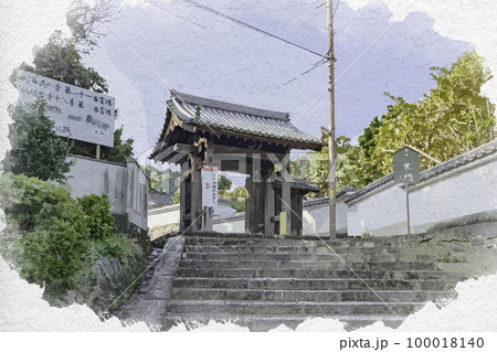 水彩画風　當麻寺　黒門（北門）　奈良県葛城市 100018140