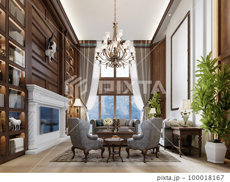 Large sitting area with high ceilings and American style wood paneling on the walls and a large window to the ceiling. Large sitting area with high ceilings and American style wood paneling on the walls and a large window to the ceiling. 100018167