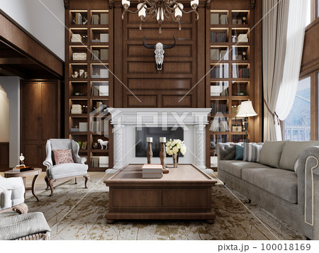 Large sitting area with high ceilings and American style wood paneling on the walls and a large window to the ceiling. 100018169