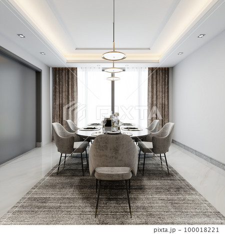 Dining area with a dining table by a large window in white and gray contemporary style. 100018221