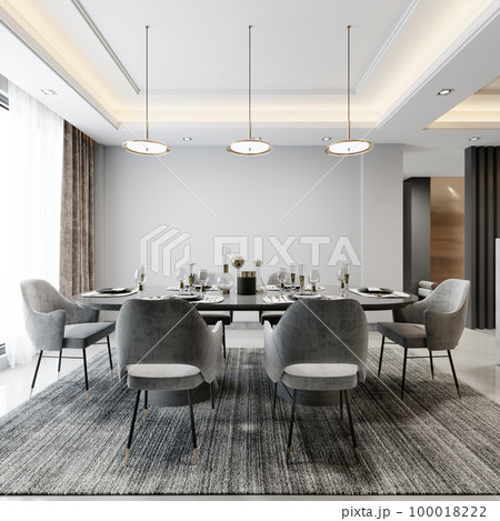 Dining area with a dining table by a large window in white and gray contemporary style. Dining area with a dining table by a large window in white and gray contemporary style. 100018222