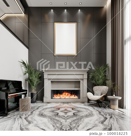 Fireplace area with a white fireplace against a high black paneled wall with a piano and a designer easy chair. 100018225