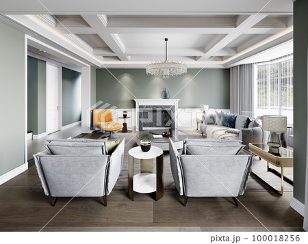 Luxurious modern living room with classic elements with designer modern furniture and walls in pistachio color. Luxurious modern living room with classic elements with designer modern furniture and walls in pistachio color. 100018256