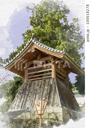 水彩画風　當麻寺　鐘楼　奈良県葛城市 100018278