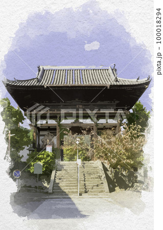 水彩画風　當麻寺　仁王門　奈良県葛城市 100018294