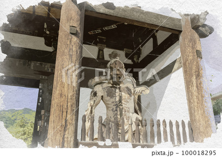 水彩画風　當麻寺　仁王門　奈良県葛城市 100018295