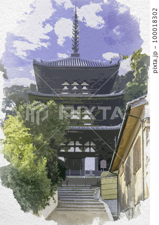 水彩画風　當麻寺　西塔　奈良県葛城市 100018302