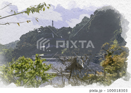 水彩画風　當麻寺　西塔　奈良県葛城市 100018303