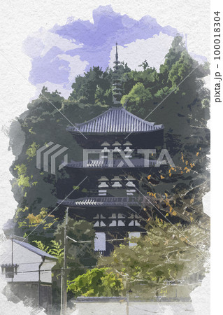 水彩画風　當麻寺　西塔　奈良県葛城市 100018304