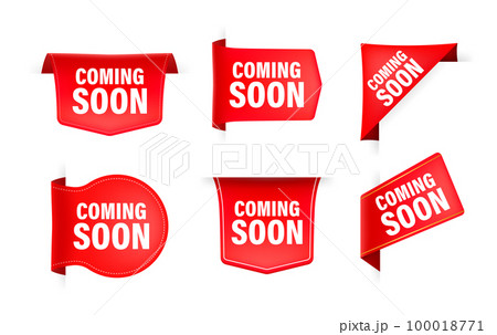 Red ribbon with text Coming soon. Banner ribbon label Coming soon 100018771