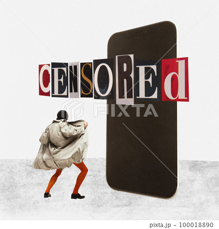 Creative minimalist collage, contemporary modern design about strange man and big mobile phone. Concept of smartphone, communication gadgets, blogger, influencer 100018890