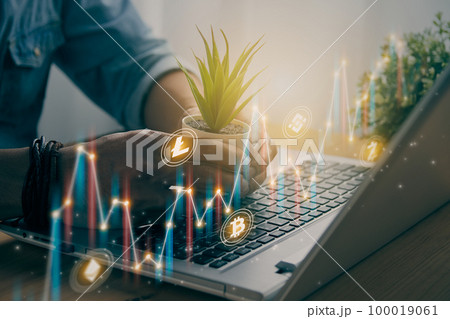 Casual Businessman Hold Office Plants and Color Slant Cryptocurrency and Stock Chart and Line Graph in Vintage Tone Casual Businessman Hold Office Plants and Color Slant Cryptocurrency and Stock Chart and Line Graph in Vintage Tone 100019061