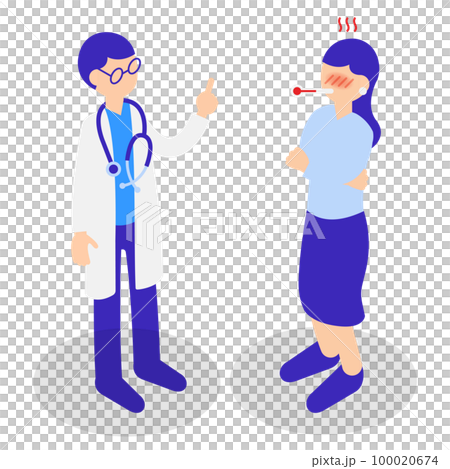 Isometric illustration of a woman who consults with symptoms of fever and cold 100020674