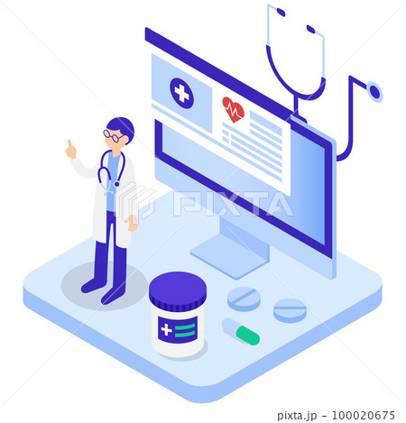 電子カルテ・オンライン診療のアイソメトリックイラスト 電子カルテ・オンライン診療のアイソメトリックイラスト 100020675