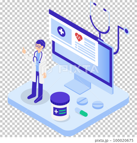 Isometric illustration of electronic medical record and online medical treatment 100020675