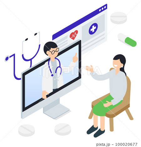 自宅で医師の診察を受けるオンライン診療のアイソメトリックイラスト 100020677