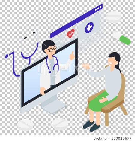 自宅で医師の診察を受けるオンライン診療のアイソメトリックイラスト 100020677