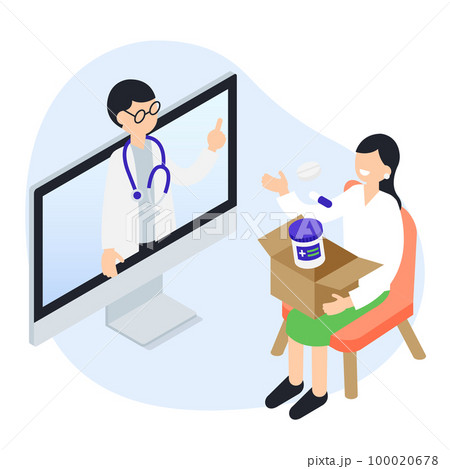 自宅で医師の診察を受けるオンライン診療のアイソメトリックイラスト 自宅で医師の診察を受けるオンライン診療のアイソメトリックイラスト 100020678
