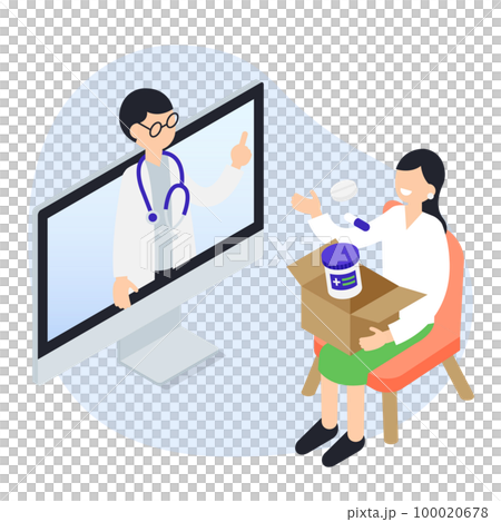 自宅で医師の診察を受けるオンライン診療のアイソメトリックイラスト 自宅で医師の診察を受けるオンライン診療のアイソメトリックイラスト 100020678