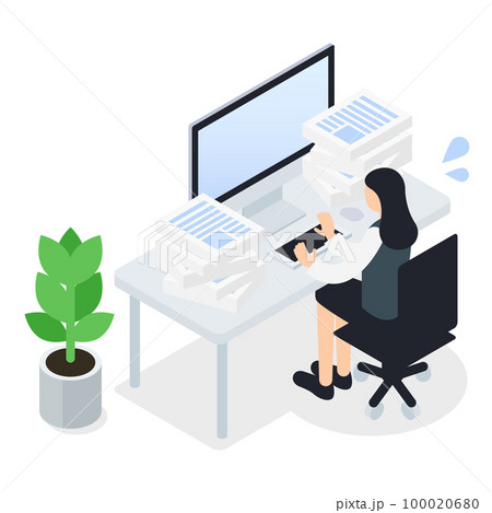 残業・業務が多い事務スタッフのアイソメトリックイラスト 100020680