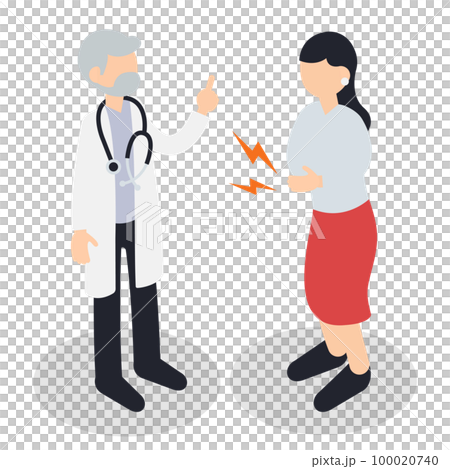 Isometric illustration of a woman and a doctor who consult with abdominal pain 100020740