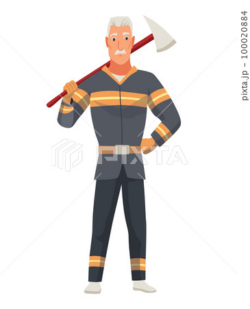 Brave firefighter in action. Man from fire brigade, standing full face in form of fireman, with personal protective equipment. Safety, rescue and emergency service concept 100020884