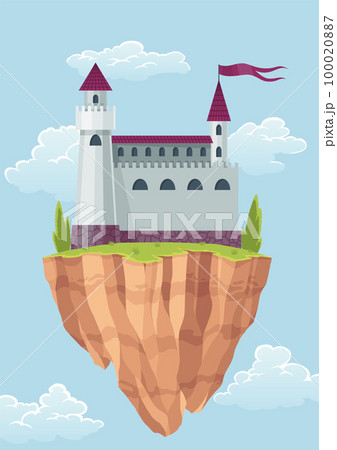 Flying island fairy tale castle. Cartoon fantasy palace with towers, vector medieval fort or fortress. Fairy tale kingdom house building in sky 100020887