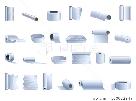 Aluminium foil icons set cartoon vector. Cooking roll. Baking metal Aluminium foil icons set cartoon vector. Cooking roll. Baking metal 100022345