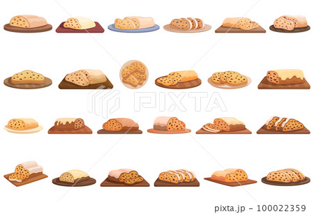 Stollen icons set cartoon vector. Winter food. Cake bread Stollen icons set cartoon vector. Winter food. Cake bread 100022359