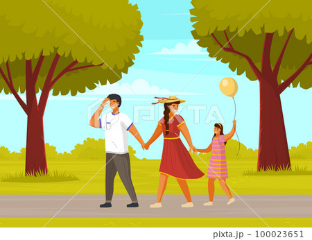 Happy family father, mother and daughter with balloon walking outdoors together summer day in park 100023651