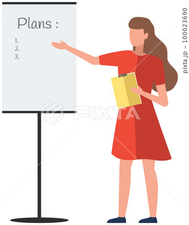 Faceless businesswoman with clipboard is talking about plan on poster. Month planning or to do list Faceless businesswoman with clipboard is talking about plan on poster. Month planning or to do list 100023690