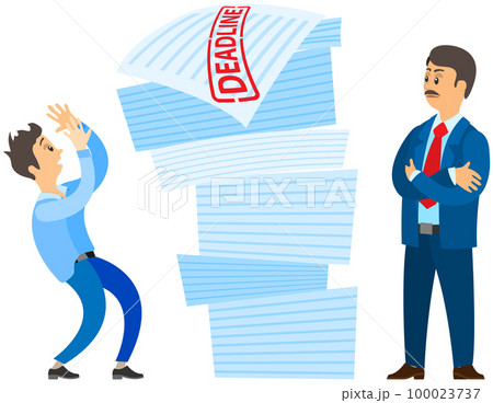 Man doing paperwork to finish task. Boss urges employee to complete assignment defore deadline Man doing paperwork to finish task. Boss urges employee to complete assignment defore deadline 100023737