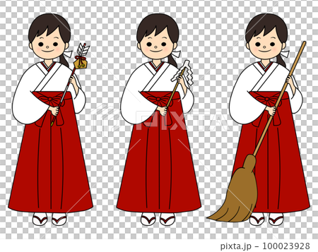 A set of 3 shrine maidens with a smile and holding a demon arrow, a large coin, and a broom (with main line) 100023928