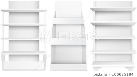 White empty supermarket retail store shelves isolated on white background vector illustration 100025194