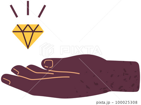 Gemstone, yellow crystal, luxury precious stone over human palm. Shining diamond, gem levitating 100025308