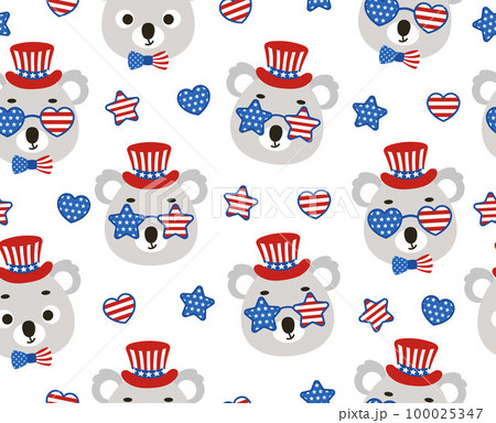 Cute little koala head in USA patriotic hat seamless childish pattern. Funny cartoon animal character for fabric, wrapping, textile, wallpaper, apparel. Vector illustration 100025347