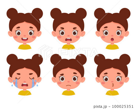 Cute cartoon little kid girl in various expressions and gesture. Cartoon child character showing different emotions. Vector illustration 100025351