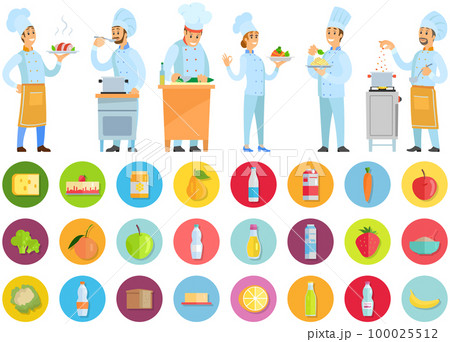 Set of chefs creating restaurant meal. People fry with pan, cut vegetables, add ingredients to dish Set of chefs creating restaurant meal. People fry with pan, cut vegetables, add ingredients to dish 100025512