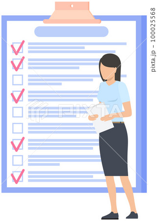 Woman stands near to do list and planning schedule. Plan fulfilled, task completed, timetable sheet Woman stands near to do list and planning schedule. Plan fulfilled, task completed, timetable sheet 100025568