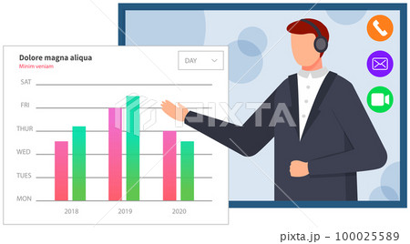 Man giving presentation of report via video call. Businessman shows statistics on online conference 100025589