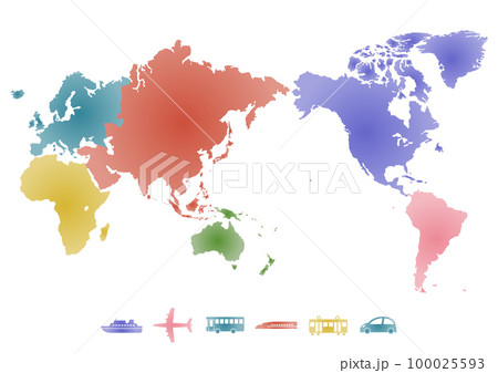 世界地図（日本中心）のイラスト: 六大州と交通機関アイコン