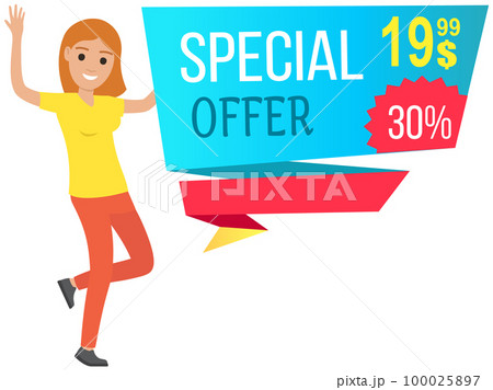Sale banner with woman dancing near advertising poster. Lady rejoices in exclusive offer in store Sale banner with woman dancing near advertising poster. Lady rejoices in exclusive offer in store 100025897