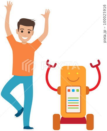 Robot dancing disco with man. Artificial intelligence, development of technology for entertainment Robot dancing disco with man. Artificial intelligence, development of technology for entertainment 100025916