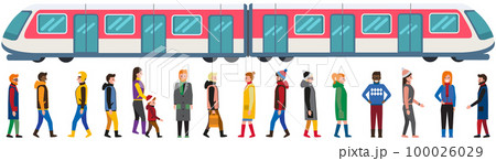 People in different clothes and subway train. Passengers going to underground public transport People in different clothes and subway train. Passengers going to underground public transport 100026029
