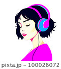 The girl listens to music with headphones. Closed eyes. Music therapy. Profile of a girl with black hair. Vector flat illustration 100026072